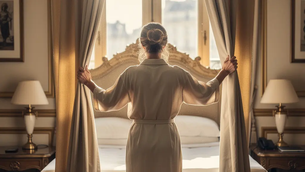 Chambre d'hôtel 4 étoiles Paris avec décoration classique française et lumière matinale