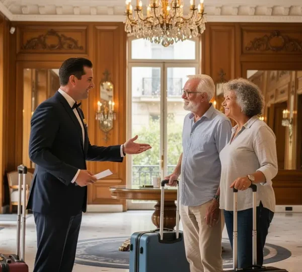 Hall d'hôtel 4 étoiles parisien avec concierge accueillant un couple de voyageurs