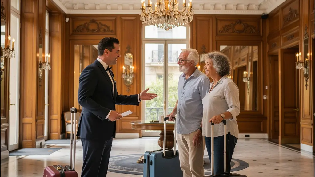 Hall d'hôtel 4 étoiles parisien avec concierge accueillant un couple de voyageurs