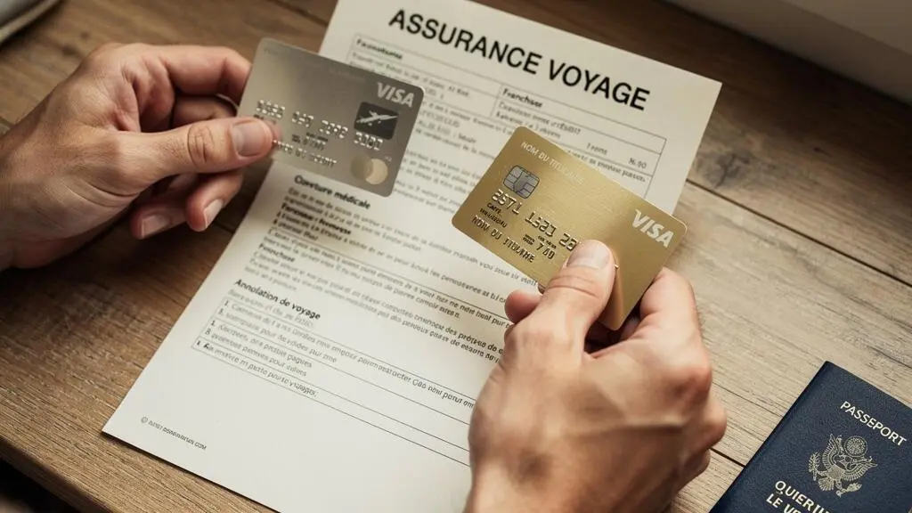 Mains d'un voyageur comparant une carte bancaire premium avec un document de police d'assurance voyage