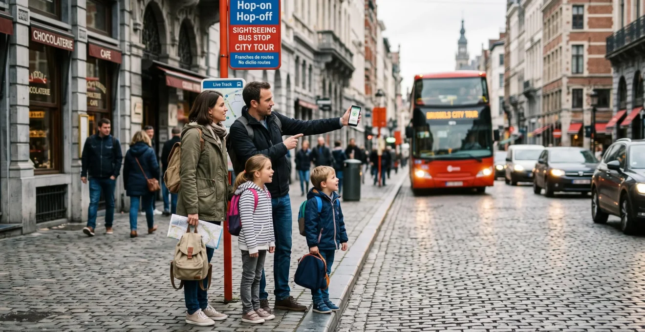 Une famille à un arrêt de bus touristique à Bruxelles, un parent consultant son smartphone tandis qu'un bus à impériale approche.