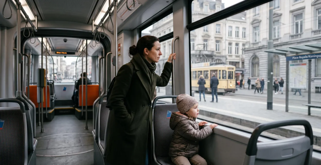 Un parent et un jeune enfant voyageant dans un tram bruxellois, regardant la rue à travers la fenêtre.