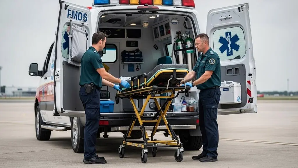 Équipe médicale préparant le transfert d'un patient sur brancard à côté d'une ambulance de transport médical