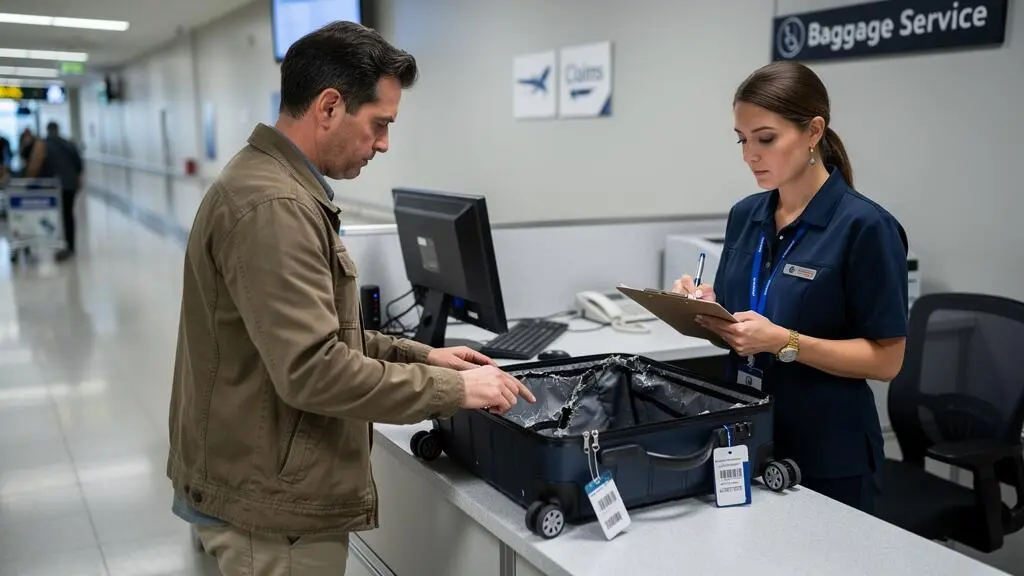 Voyageur examinant un bagage endommagé avec un agent du service bagages de l'aéroport au comptoir de réclamation